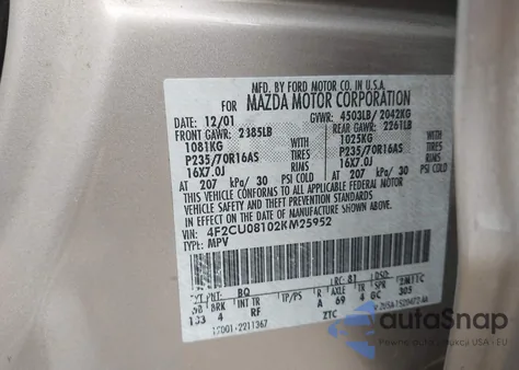 2002 Mazda Tribute Es V6/Lx V6 из США, поврежденный, VIN 4F2CU08102KM25952